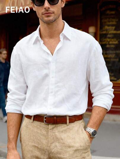 Men's Vintage Coin-Inspired Solid Color Linen Texture Collar Button Elegant Shirt, Versatile Casual Style, Suitable For All Seasons, Easily Create Fashionable Looks