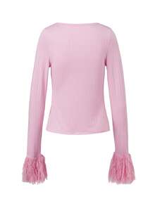 Womens Chain Front Tops Long Sleeve V Neck Slim Fit Ribbed Knit T-Shirts Spring Fall Sweaters - Pink - View 2