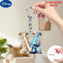 2D亚克力钥匙扣，史迪奇设计，包含26个A-Z字母吊坠，花朵图案钥匙扣，可作汽车钥匙扣、包包挂饰、圣诞装饰品、闺蜜钥匙扣，是史迪奇粉丝的理想礼物，也是圣诞礼物和嘉年华礼物。
