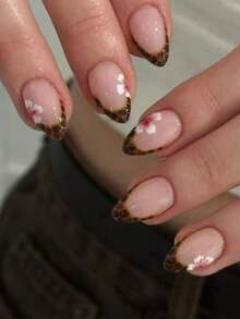 30片短款杏仁形豹纹和花卉美甲贴纸，法式亚克力按压式美甲贴片，包含1片果冻胶和1个指甲锉，非常适合夏季、花卉和秋季美甲，是派对、跳舞和日常美甲的理想之选。 - 彩色 - 查看 10