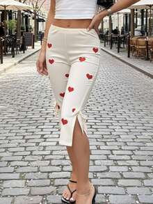 Women Dot Print Capri Pants With Bows Mid Rise Side Split Long Shorts Tights Casual Work Leggings For Outdoor Office - 紅白色 - 查看 2