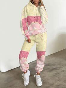 Two-Piece Set  Casual    Knitted Fabric    Drawstring  Pocket    Sweatpants And Hoodie Set  Home  Vacation    All - 彩色 - 查看 1