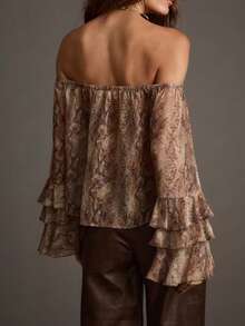 Solstice Apparel Snakeskin Print Off Shoulder Chiffon Blouse, Double Layer Flare Sleeve Loose Irregular Top, Sweet Cool Girl Style, Perfect For Daily Commute, Outings & Vacations, Spring Summer Versatile Shirt - Multicolor - View 3