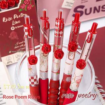 5pcsSoft-Grip Retractable Gel Pen With ST Nib - Quick-Dry, Exam-Friendly, Chinese Style, High Aesthetics, Black Ink | Floral Series Soft-Grip Black Pen | Black Ink Pressure-Sensitive Pen | Smooth 0.5mm Retractable Black Gel Pen | Cute Back-To-School Gel Pen/Ballpoint Pen | Writing Stationery Gel Pen | Suitable For Teens & Adults - Home, Classroom & Office Use | Back-To-School Gift