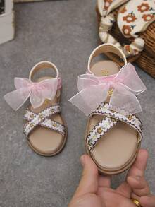 新款热销女童网眼蝴蝶结印花透气软底凉鞋，宝宝公主露趾平底鞋，夏季海滩度假必备百搭单品 - 粉色 - 查看 4
