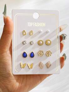 8对甜美百搭时尚花朵蝴蝶水滴形仿珍珠和水钻装饰金属色耳钉套装，适合女孩儿童派对、假期、圣诞节、新年、生日礼物及日常佩戴 - 金色 - 查看 13