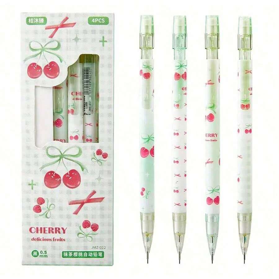 4pcs Fine Writing Tools, Matcha Cherry Pattern Push-Button Mechanical Pencil, 0.5mm Exam & Practice Pen With Eraser For School Stationery, Study Tools, Writing Essentials, Cherry Design, Aesthetic Writing Tool, Durable Construction, Plastic Pencil, Retractable Pencil, Automatic Pencil, Exam Takers, Writers - Multicolor - View 1