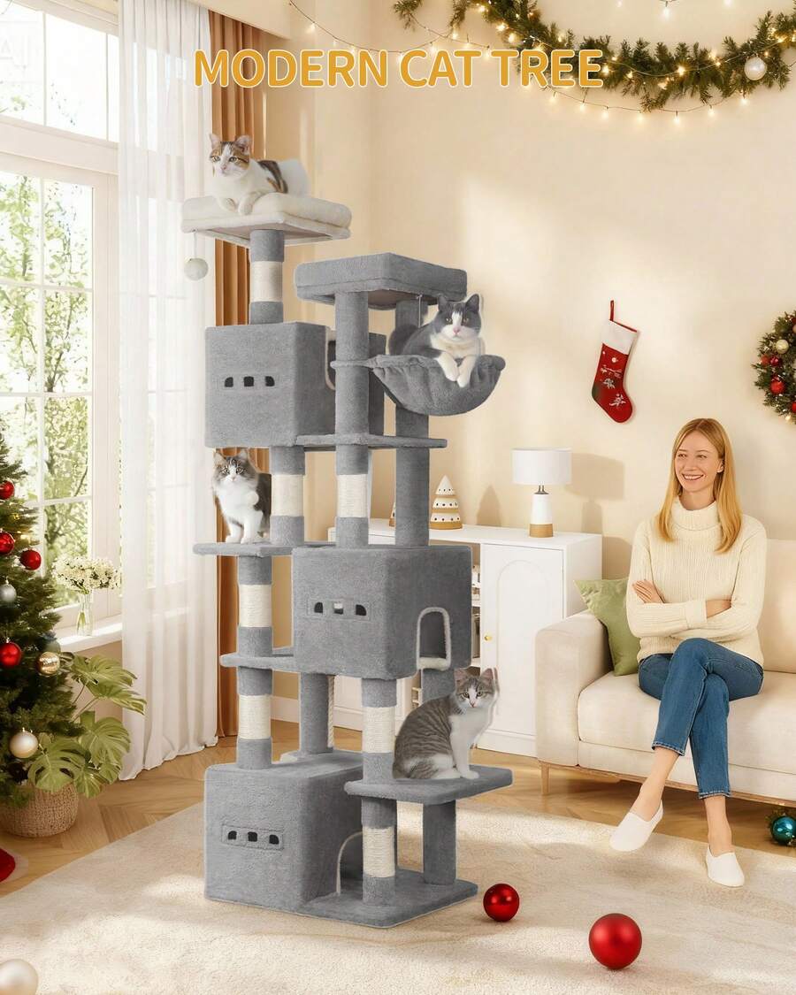 HEXCELEN 76" Cat Tree, Large Cat Tower For Indoor Cats, Cats House Furniture With 2 Platforms, 3 Condos, 7 Scratching Posts, 1 Basket, Pompoms, Washable Cushion, Cat Necessities, Cat Toys, Light Grey - 淺灰色 - 查看 1