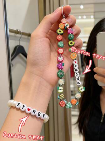 Customized Phone Lanyard, Fashion Mixed Color Random Fruit Soft Clay Black & White Letter Bead Phone Lanyard, Elegant Faux Pearl Bracelet, Customizable Name, Slogan, Location, Date, Suitable For Birthday, Anniversary, Gift, Daily Wear