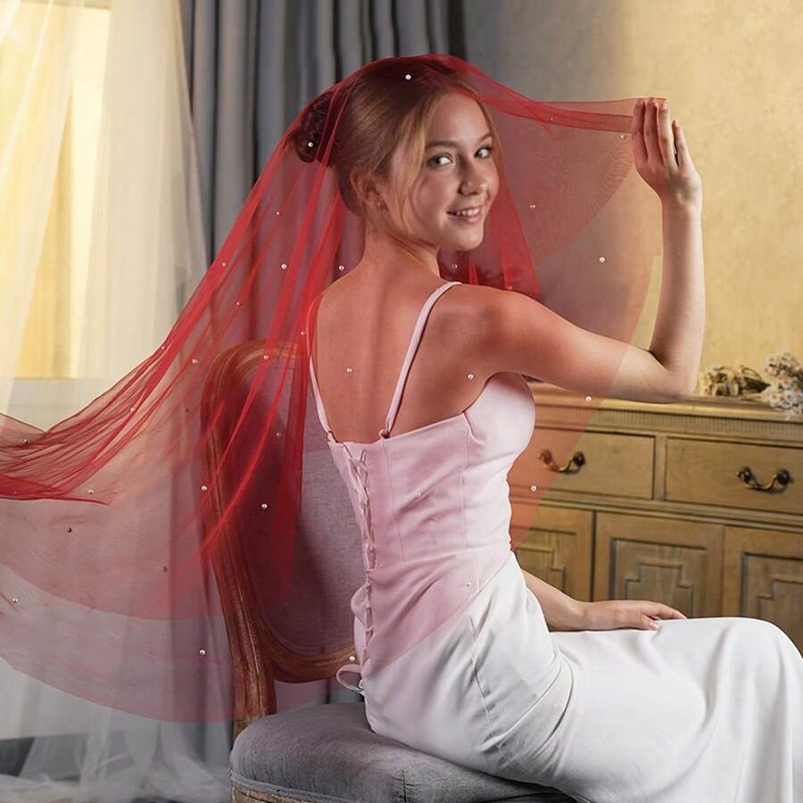 1pc Minimalist Faux Pearl Bridal Christmas Theme Veil, Vintage Red Lightweight Tulle Wedding Accessory Valentine's Day Accessories - Red - View 1