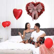 Valentine's Day 19.7 Inch Wreath Decor For Front Door Home, Love Heart Shape Valentine Wreath With Bowknot Decorations Garlands For Party Wedding Festival - 酒紅色 - 查看 2