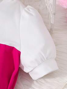 Girls Casual Polo Collar 2 In 1 Patchwork Short Sleeve Dress (Including Belt), Summer - Hot Pink - View 4