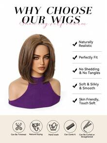 12 Inch Short Straight Wig, Brown With White Highlights And Dark Roots, Suitable For Cosplay And Daily Wear, High Temperature Fiber Synthetic Wig - Brown - View 7