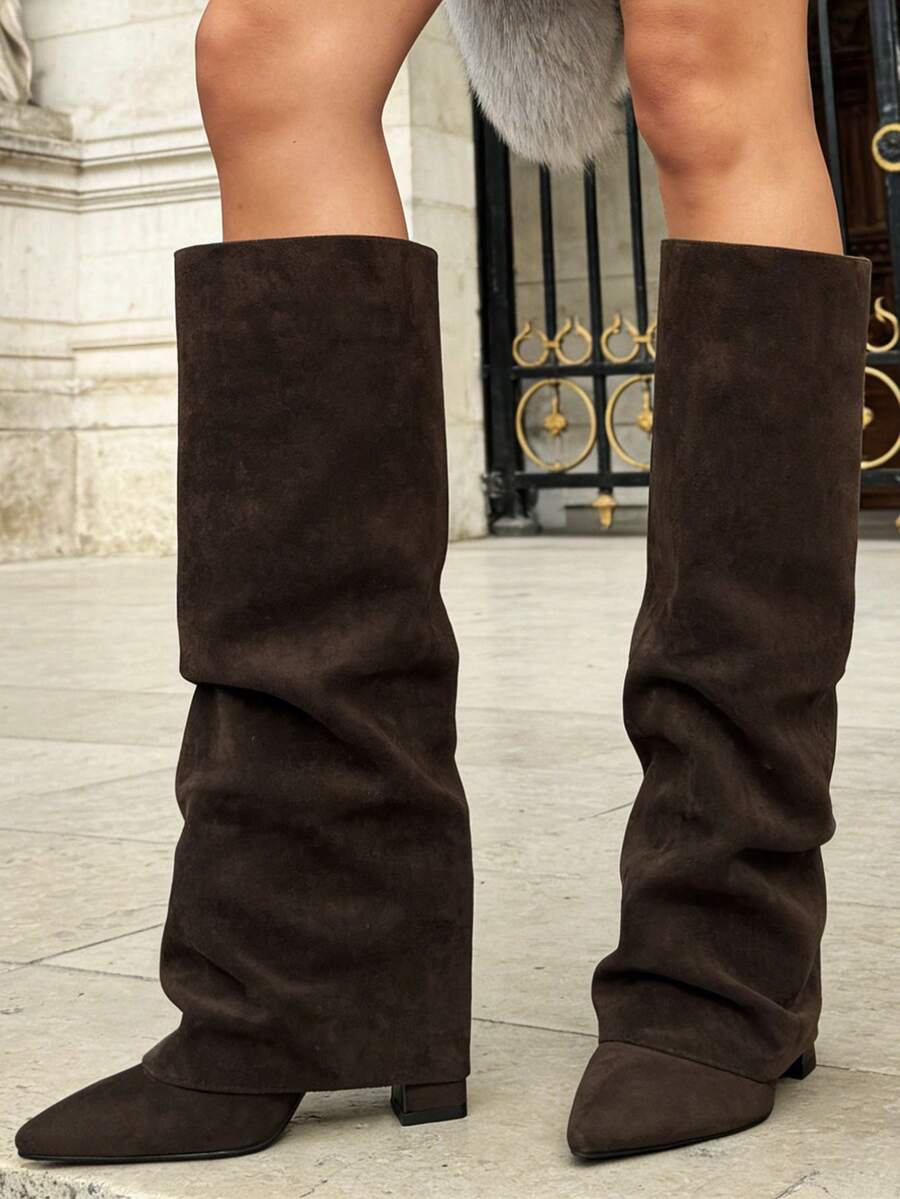 Women Shark Boots Knee High Fold Over Ruched Slouchy Chunky High Heel Pointed Toe Sexy Party Club Office Lady Winter Shoes - 棕色絨面 - 查看 1