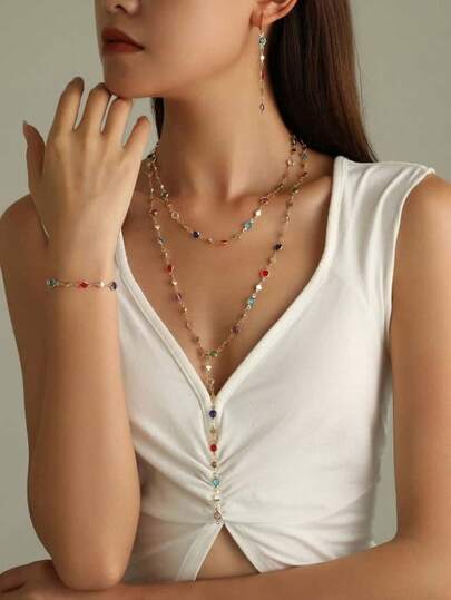 5pcs/Set New Minimalist Colorful Crystal Disc Y-Necklace - Luxury Fashion Jewelry For Women, Suitable For Daily And Party Wear