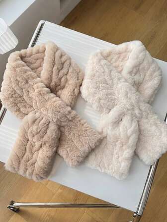 1 st tjock mjuk fuzzy halsvärmare för kvinnor, koreansk stil enfärgad mångsidig korsvis kort fuskkaninpälshalsduk, höst/vinter stickad halsduk