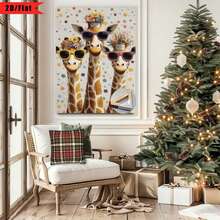[2D Plano] Una pintura al óleo, tres lindas jirafas con macetas| Impresión plana 2D, lienzo y marco de madera, adecuada para decoración del hogar, decoración de habitaciones, sala de estar, dormitorio, baño, decoración de paredes, Halloween - Multicolor - Ver 7