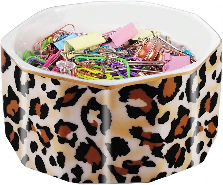 Ceramic Paper Clip Holder Gold Line Paper Clip Dispenser Organizer For Desk Cute Floral Pattern Office Binder Clip Holder Bobby Pin And Hair Clip Holder Gift For Office Mint Flowers - 棕色 - 查看 1