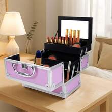 1pc Aluminum Alloy Makeup Case, Portable Makeup Artist Vanity Box With Mirror, Large Capacity Multi-Layer Tool Storage Box