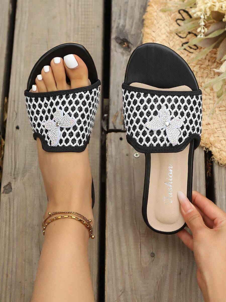 Sandales plates pour femmes, sandales de mode polyvalentes et décontractées pour les vacances avec décoration de strass, convenant pour le printemps et l'automne - Noir - Voir 1