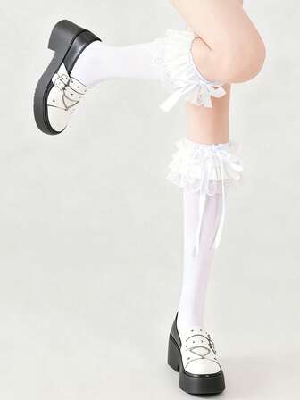 1 par de calcetines por encima de la rodilla de unicolor para mujer, estilo Lolita de ajuste holgado con diseño de lazo multicapa, inspirados en el ballet, calcetines japoneses antideslizantes y holgados, calcetines esenciales para fiestas de té Lolita