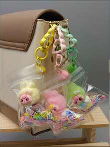 1pc Trending Cute Bead Plush Doll Keychain, Cartoon Animal Keyring With Transparent Waterproof Sealed Bag, Delicate Embroidered Features - Multicolor - View 6