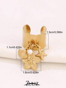 1 件时尚不锈钢塑料圆形珍珠贝壳海星吊坠戒指女士海洋魅力宽开口戒指珠宝礼物适合日常佩戴