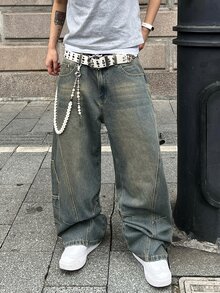 1 buc. Blugi sport pentru bărbați, stil vintage, de nișă, spălați, cu buzunare multiple, croială lejeră, stil casual (curea și accesoriile nu sunt incluse)