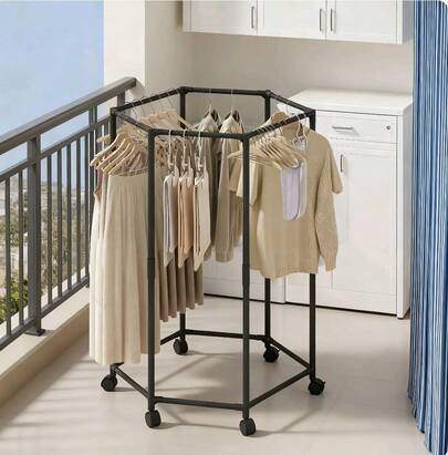 Heavy-Duty Rotating Hexagonal Clothing Rack With Wheels - Weather & UV Resistant Metal Vertical Garment Hanger, Sturdy Reinforced Frame, Multi-Functional Rolling Clothes Organizer