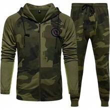 Mens 2 Piece Casual Tracksuits Camo Hoodie Jogging Sweatpants Suit, Activewear - Khaki#67 - View 5