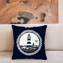 TOPSSCTR 4pcs Single-Sided Printed Pillow Cover Set, Nautical Theme With Sailboat, Lighthouse, Anchor, And Rudder Design, Home Decor Cushion Covers For Living Room Sofa And Bedroom, No Pillow Inserts