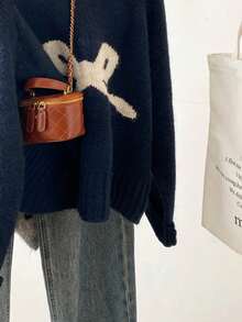 蝴蝶结钩针编织秋季毛衣，女式罗纹圆领套头针织上衣，可爱又青春 - 藏蓝色 - 查看 6