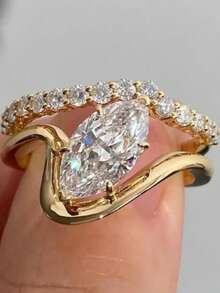 rundraw 1pc 2026 New Geometric Olive-Shaped Zirconia Multi-Layer Full Diamond Elegant Luxurious Copper Gold Women's Ring, Suitable For Dates, Weddings, Engagements, Parties, Anniversaries, Paired With Daily Outfits, Best Gift For Friends, Lovers, Valentine's Day, New Year - Gold - View 1