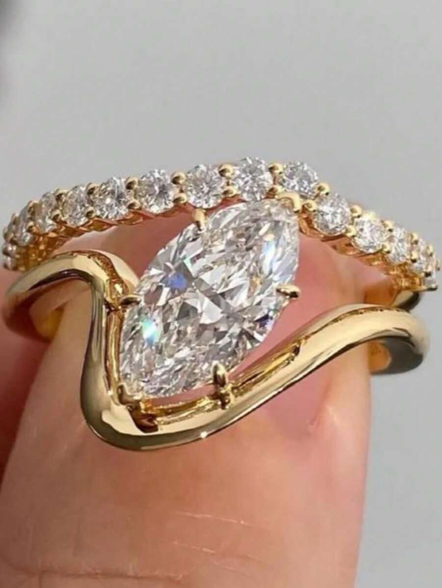 rundraw 1pc 2026 New Geometric Olive-Shaped Zirconia Multi-Layer Full Diamond Elegant Luxurious Copper Gold Women's Ring, Suitable For Dates, Weddings, Engagements, Parties, Anniversaries, Paired With Daily Outfits, Best Gift For Friends, Lovers, Valentine's Day, New Year - Gold - View 1