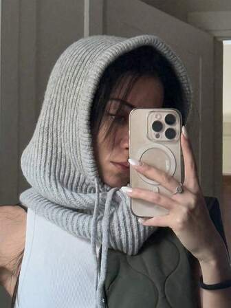 1pc Women's Fashion 2-In-1 Knitted Hooded Scarf With Drawstring Detachable Balaclava Hat, Bohemian Casual Solid Color Hooded Scarf, Suitable For Autumn/Winter, Street Style Headwear