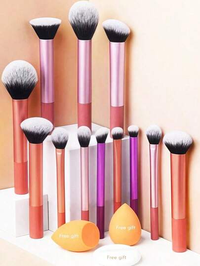 12pcs Multi-Functional Makeup Brush Set Including Powder Brush, Blush Brush, Foundation Brush, Eyeshadow Brush, Blending Brush, Contour Brush, Along With An Oblique Cut Makeup Sponge, Rounded Makeup Sponge, And White Powder Puff,Summer Style, Back To School
