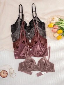 5件套女士纯色蝴蝶结装饰钢圈薄杯舒适文胸 - 彩色 - 查看 1