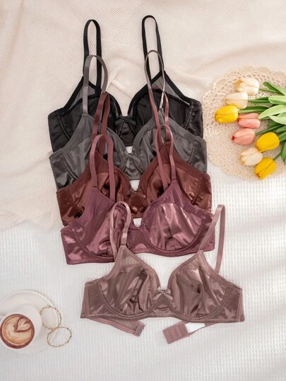 Set de 5 sujetadores cómodos con aro y copa fina con decoración de lazo en unicolor para mujeres