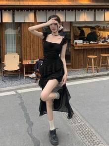 IUNQ 3D Floral Sleeveless Gal Mini Skirt, 3D Polka Dot Accessories, Square Neck Scallop Irregular, Korean Style, Layered Tiered Ladies Dress - 黑色 - 查看 9