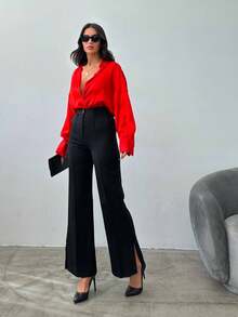 Quần ống loe màu đen thanh lịch dành cho nữ, chất liệu polyester, có khóa kéo và túi. - màu đen - Xem 4