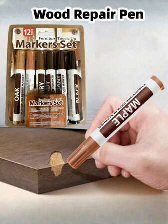 12pcs Furniture & Wood Floor Repair Kit - 6 Wood Filler Markers, 6 Wax Crayons In Black, Maple, Oak, Cherry, Walnut, And Mahogany Colors For Furniture Touch Up And Repair