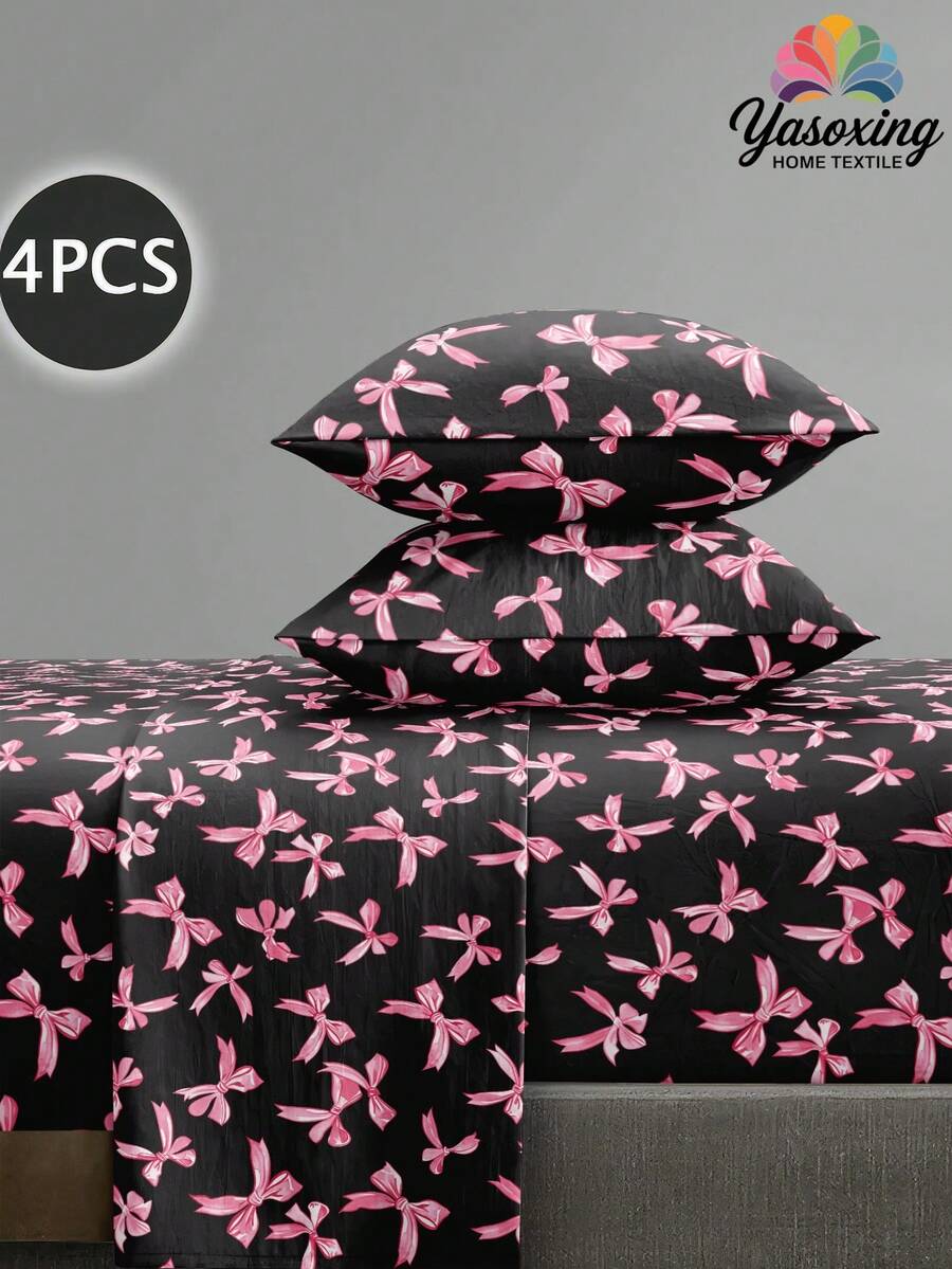 4 pièces/set Ensemble de draps motif nœud papillon noir et rose. Ensemble de literie microfibre doux et facile d'entretien (1 pièce drap plat + 1 pièce drap-housse + 2 taies d'oreiller). Ensemble de draps-housses Taille King, Queen, Full, TWIN. Taies d'oreiller avec poches profondes jusqu'à 30 cm. Respirant et sans froissage, idéal pour un meilleur sommeil. Style hôtel de luxe, style fille douce. Cadeau pour maman, papa, ami(e) - Noir - Voir 1