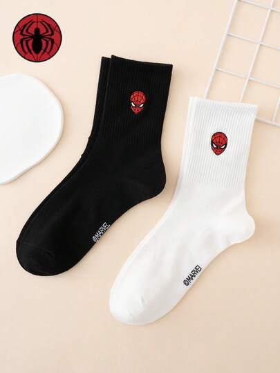 Marvel 2 Pairs Men's Embroidered Spider-Man Cartoon Pattern Funny Socks, Sports Socks, Suitable For All Seasons, European Size, Comfortable And Breathable, Durable, Colorful, Suitable For Daily Wear, Quality Fabric, Won't Cause Foot Discomfort.