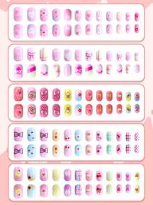 NAIO Bộ 120 miếng dán móng tay phong cách Y2K Bad Girl cho trẻ em, chất liệu acrylic, gel phủ sẵn, độ che phủ cao, họa tiết dễ thương, bóng bẩy bao gồm nơ, trái tim, cánh thiên thần, quả anh đào, kem và bánh donut, miếng dán móng tay ngắn hạn, kèm theo 3 miếng gel dẻo và 3 dũa móng tay, lý tưởng cho các bé gái - chủ đề màu hồng đáng yêu. Dụng cụ làm móng - Nhiều màu - Xem 2
