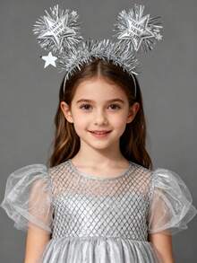 1pc Happy New Year Headband For Girls Sparkling Glitter Star Pompom Hairband Bling Bling New Year Headpiece New Year Party And Christmas Celebration Hair Hoop Elegant Unique Headwear For Cnhristmas New Year Gifts Teens Hair Accessories - Silver - View 3