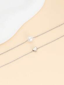 1 pezzo Collana elegante e versatile con ciondolo a forma di cuore in finta perla e doppia città, adatta per uso quotidiano, regalo perfetto per la Festa di San Valentino - Collana di perle a doppio cuore - Visualizzare 5
