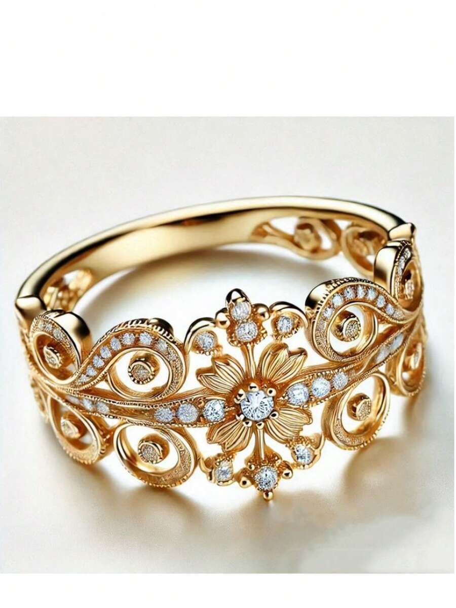 14k Gold Plated Elegant Women's Wedding Ring With Shiny Synthetic Zirconia, Symbolizing Beautiful And Graceful Engagement/Wedding Band, Luxury Jewelry On Both Sides - Gold - View 1