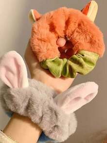 Rabbit & Fox Plush Hair Scrunchies, Women's Autumn/Winter Cartoon Fluffy Scrunchies, Create Elegant & Relaxed Hairstyles - Suitable For Girls & Ladies, Meet Daily Needs. Easily Create Simple Ponytails, Sophisticated Buns Or Creative Hairstyles, Practical & Stylish! Can Be Used As School Supplies, Gifts, Hair Scrunchies, Headbands.