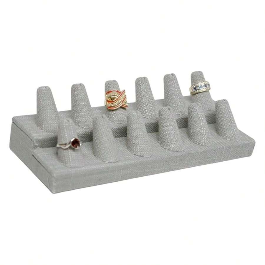 Box Grey Linen Jewelry 12 Rings Finger Display8.25x3.25x2.5 Inches With Square Base - Ring Holder Organizerfor Selling Or Personal Use - Display Stands For Rings - Multicolor 764 - View 1