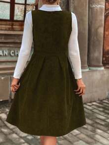 Elegant Sleeveless Corduroy Solid Color Ruffle Hem Dress Plus Size Women's Military Green Zipper Pleated Corduroy Pinafore Dress Women's Solid Color Slim Fit Sleeveless Dress - Army Green - View 6